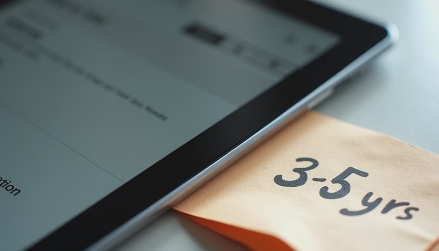 Tablet settings screen with handwritten support-years note beside it