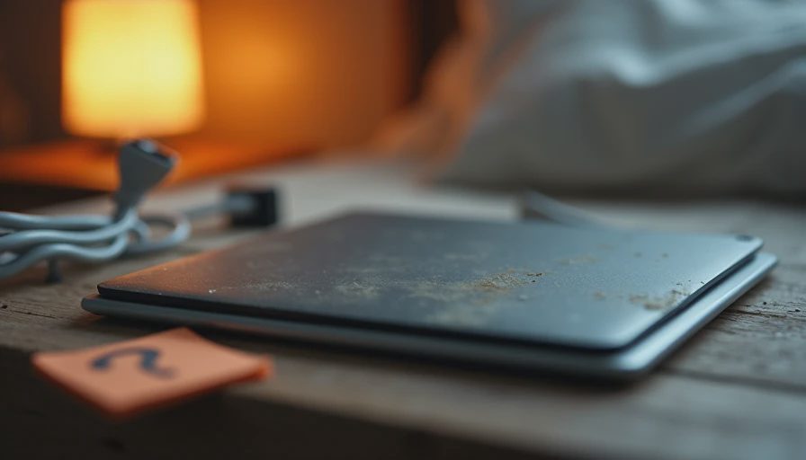 Lightly used tablet face-down on nightstand with unused charging cable