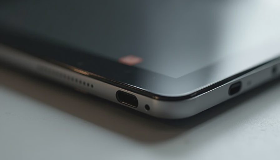 Close-up of solid tablet charging port and button construction