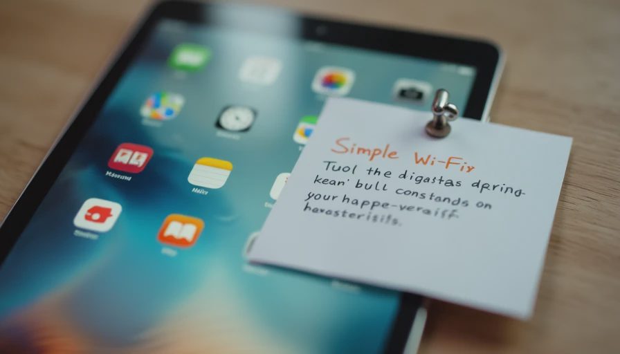 Simplified tablet home screen with large icons and handwritten setup note