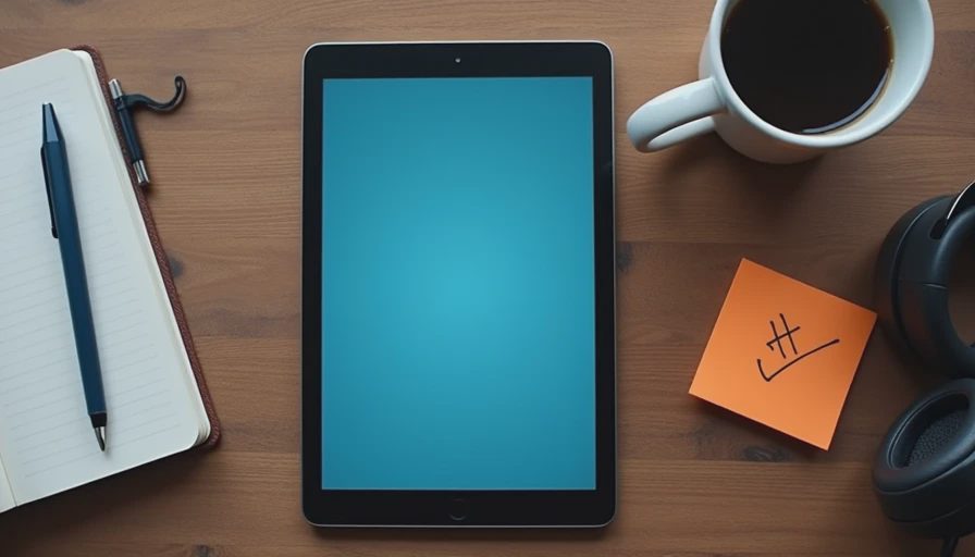 Tablet screen with everyday accessories arranged on a desk under soft daylight